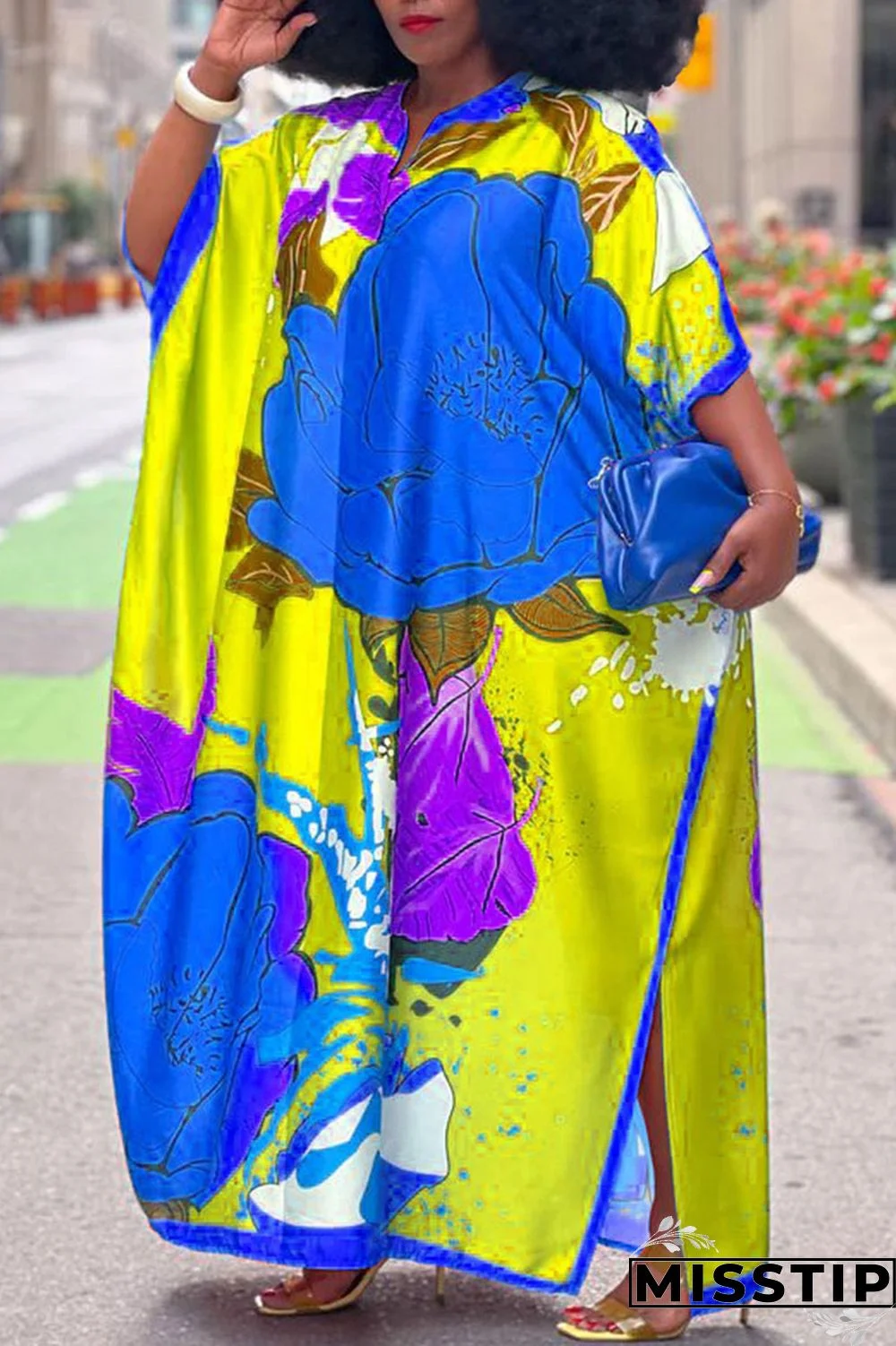 Yellow Casual Street Print Patchwork Slit V Neck Straight Plus Size Dresses