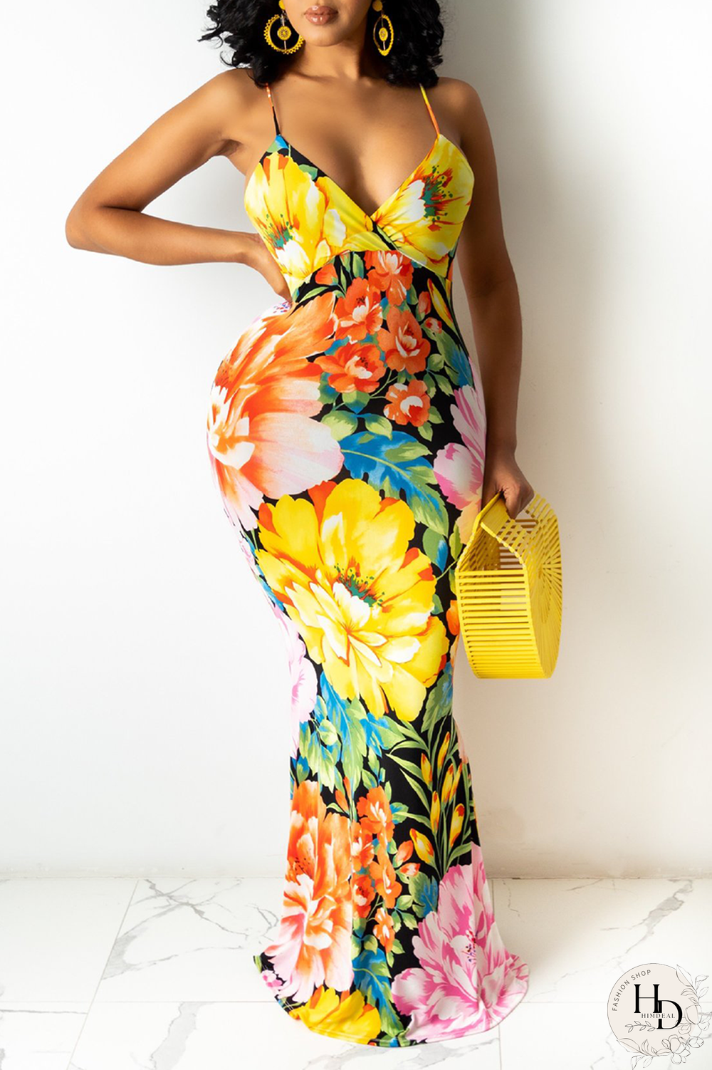 Yellow Sexy Patchwork Split Joint Spaghetti Strap Pencil Skirt Dresses