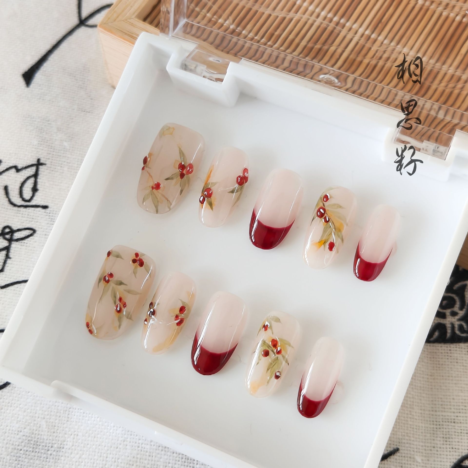 Chinese Style Hand-painted Red Bean Press-On Nails