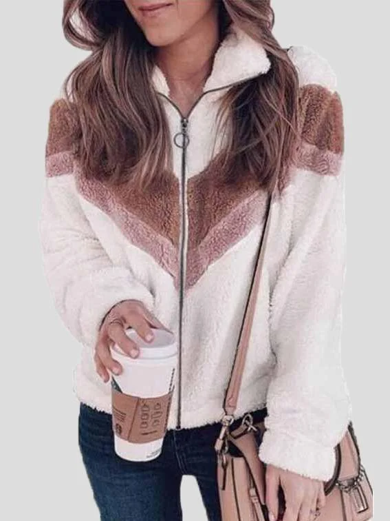 Plush Zipper Long Sleeve Contrast Coat