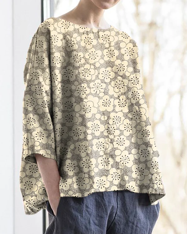 Japanese Floral Print Round Neck Cotton and Linen Loose Top