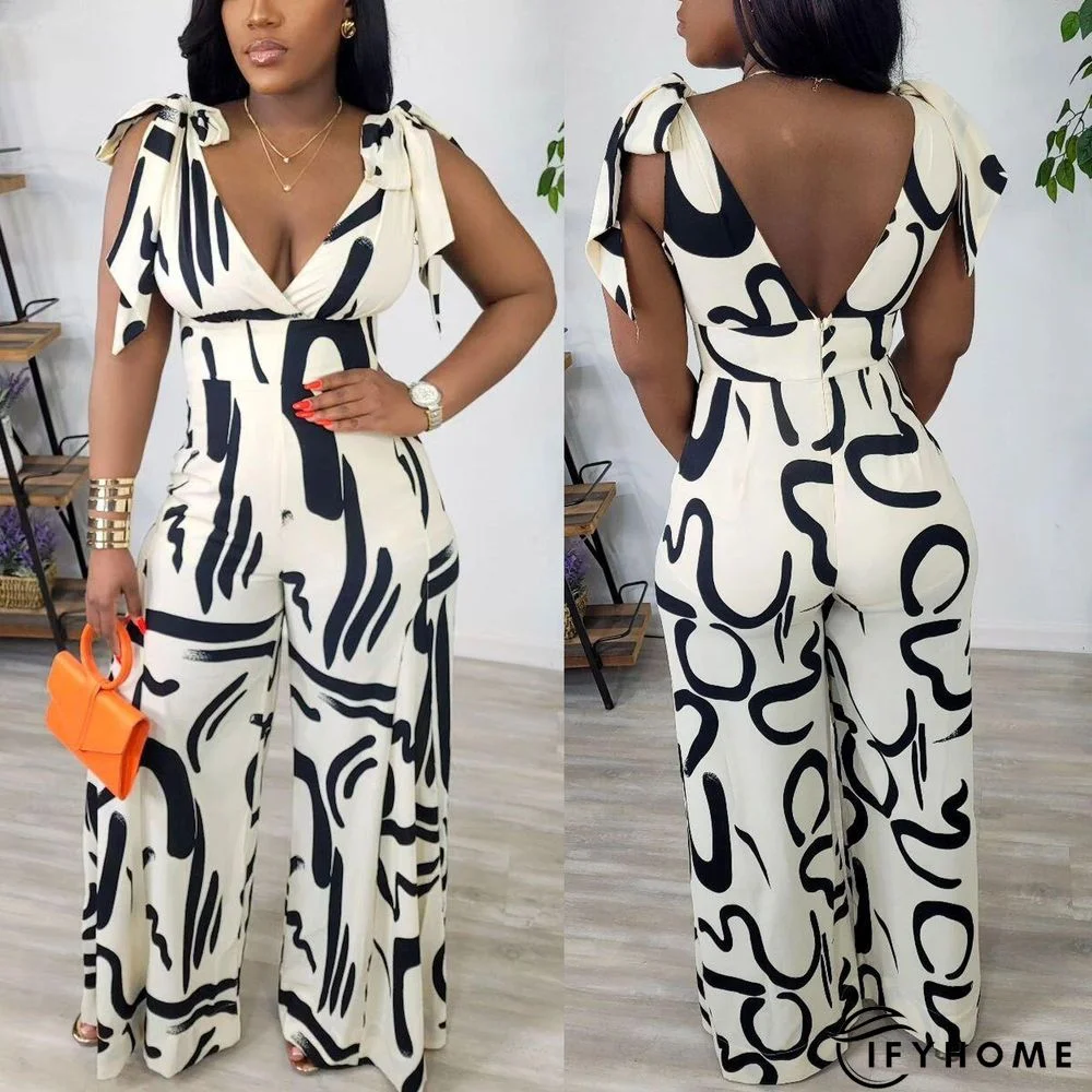 Printed Hip-covering Slim Wide-leg Lace-up Jumpsuit | IFYHOME