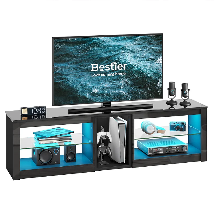 Bestier High Gloss TV Stand for 70 inch TV, Gaming Entertainment Center With LED Lights & Glass Shelves