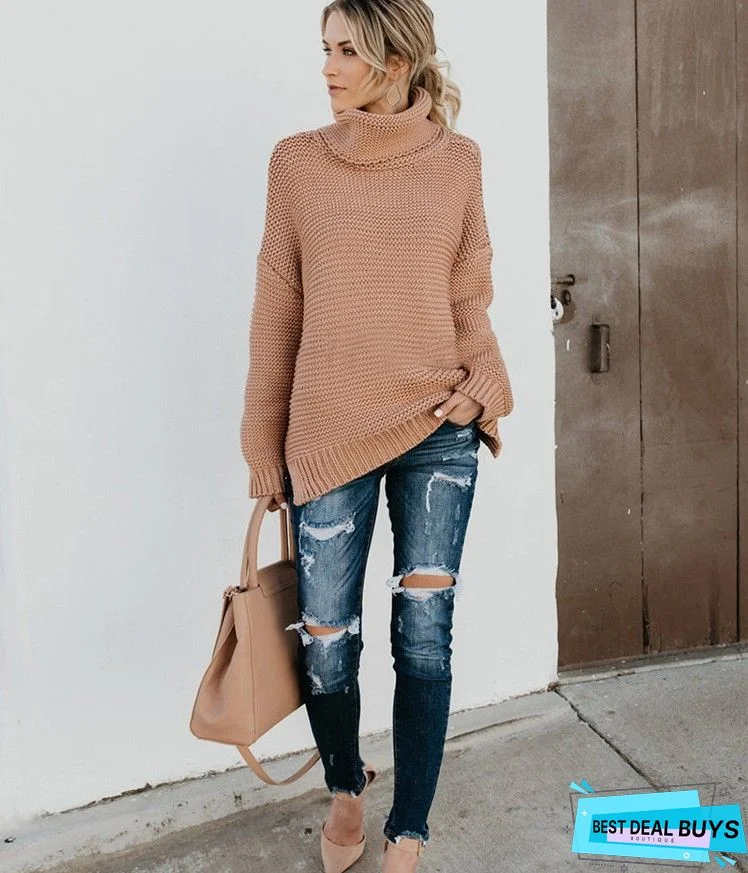 High-Neck Long Sleeves Knitting Sweater Tops