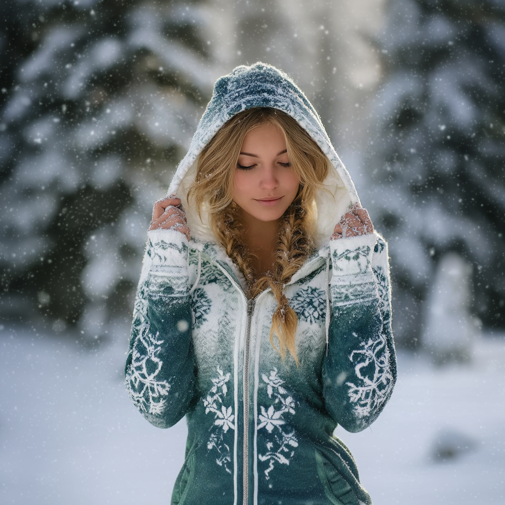 Christmas Lady Retro Gradient Flannel Hooded Sweater Coat elevenforest