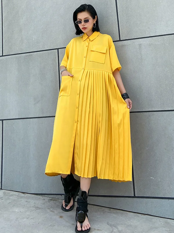 6.1Original Loose Solid Color Pleated Shirt Dress Midi Dress