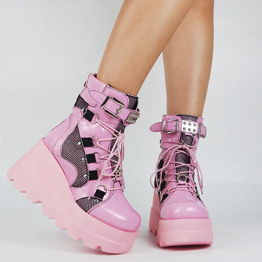 Qengg INS Brand Platform Designer Goth Combat Boots For Women Punk Zipper Pink Black Autumn Mesh Fashion Women's Boots