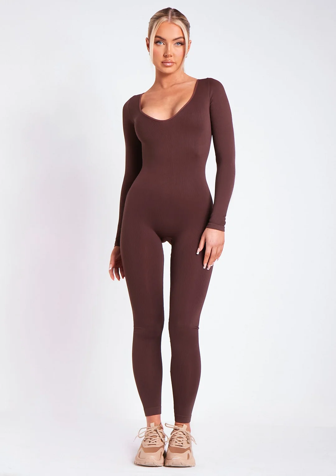 Plunge Ribbed Seamless Long Sleeve Jumpsuit （Buy 2 Free Shipping)
