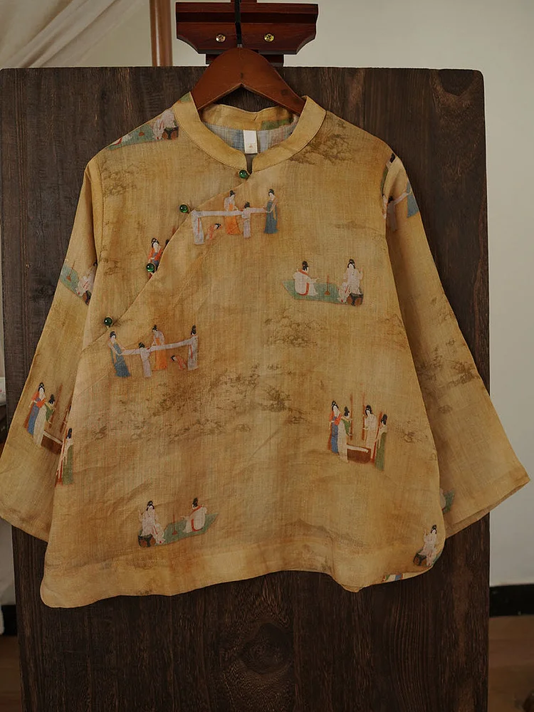 Women Ethnic Print Ramie Stand Collar Loose Shirt