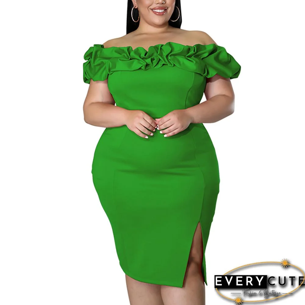 Green Off-shoulder Ruffle Slit Plus Size Mini Dress