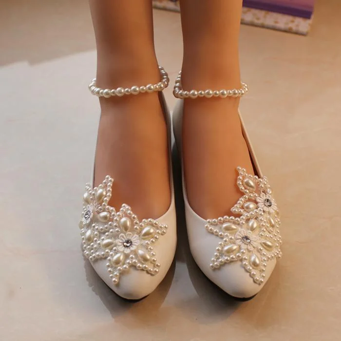 Pearl Ankle Strap White Flat Bridal Shoes Vdcoo