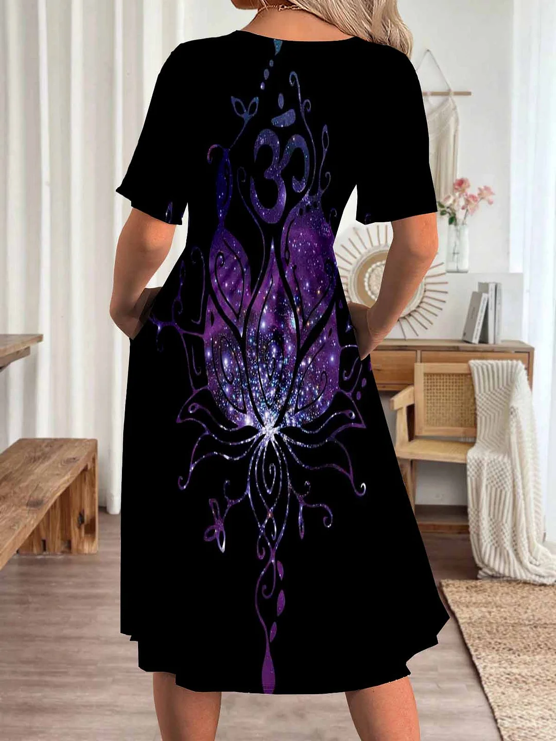 Women Graphic,Black DZHA8384 Short Sleeve Scoop Neck Graphic Printed Hollow Midi Dress