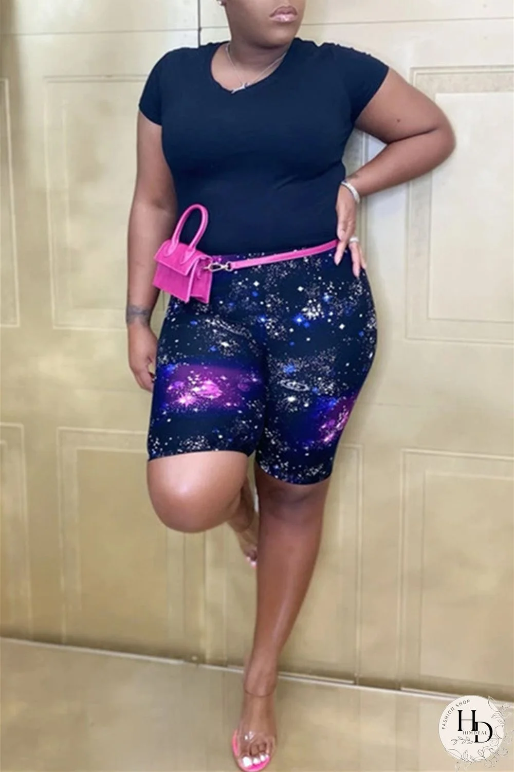 Black Purple Fashion Casual Print Basic Asymmetrical Regular High Waist Shorts