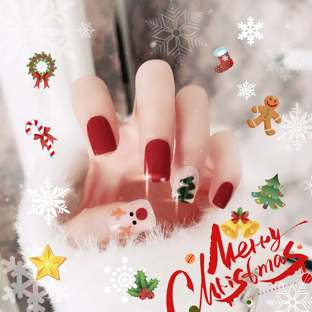 24pcs Short Christmas False Nails With Glue Snowflake Elk Fake Nail Detachable Halloween Press On Nail Tips Nail Art Decoration-Nail Inspo