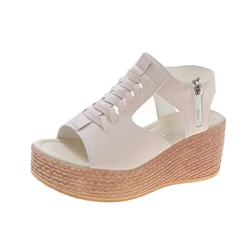 Breakj Breakj With Loose Cakes And Women's Sandals New Fish Mouth Slope Heels High-Heeled Sandals Hollow Zipper Women's Shoes 35-43 7CM