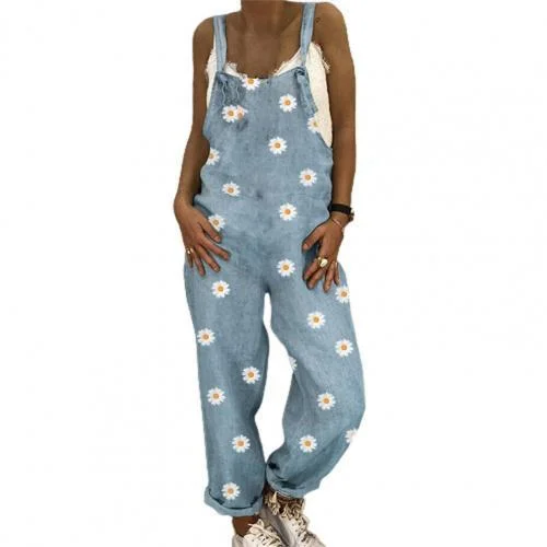 Summer Women Jumpsuits Fashion Jumpsuit Chrysanthemum Print Shoulder Strap Women Loose Sleeveless Backless Romper Overalls 3XL