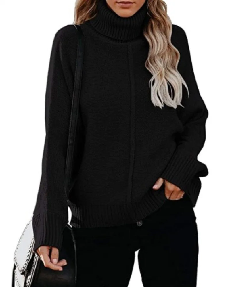 Fitshinling Bohemian Women's Turtleneck Sweater Knitwear Patchwork Reverse Line Jumper Pullover Winter Tops Holiday Sweaters New
