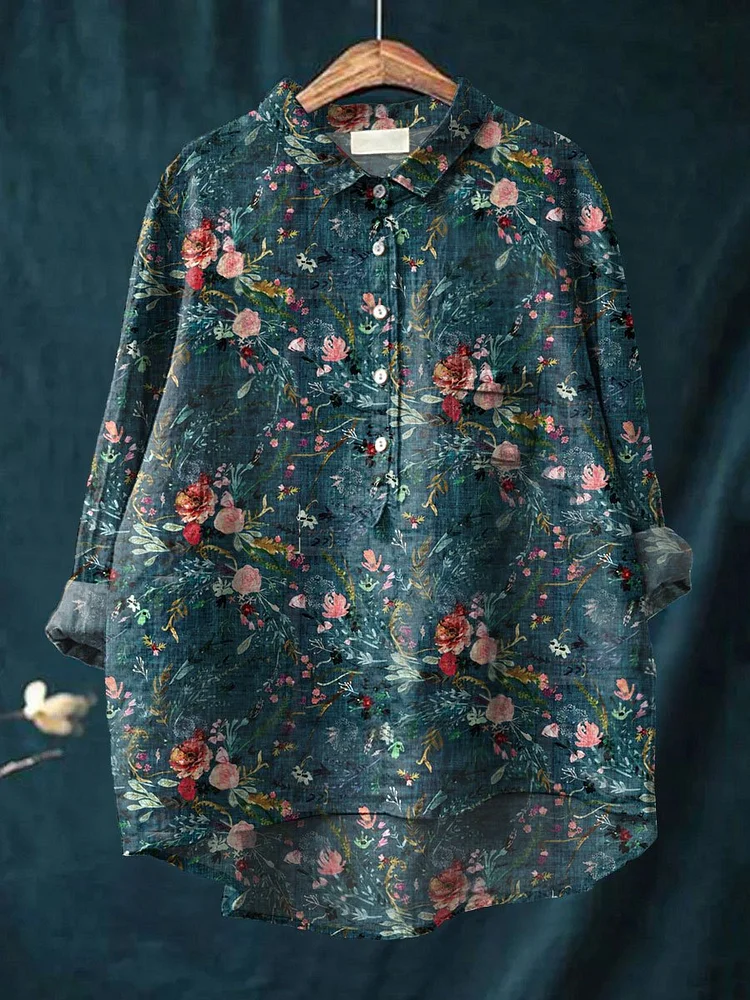 Women's Vintage Flower Art Print Casual Cotton And Linen Shirt