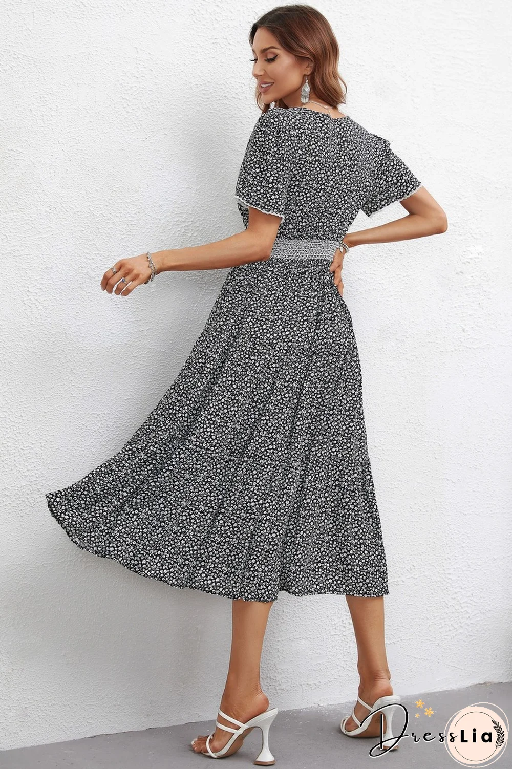 Elegant Floral Print Dress Women Summer Dresses New V Neck Short Sleeve Single-breasted Lace High Waist Midi Dress