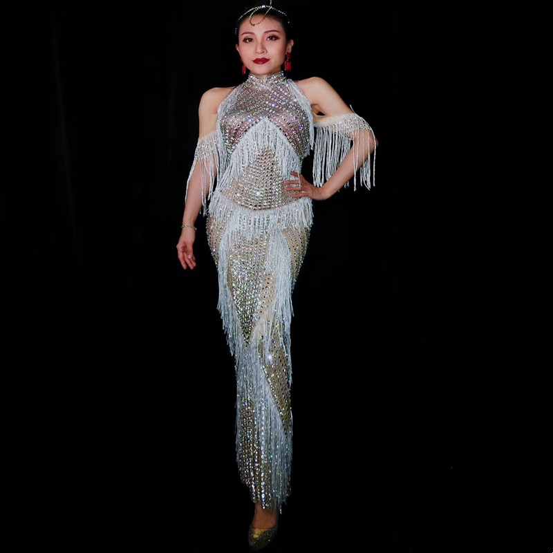 VCSHOES Off-shoulder Shining Rhinestones Fringe Long Dress Women Evening Birthday Celebration Outfit Singer Stage Party Costume