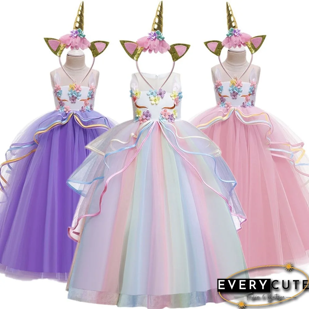 3 Styles Summer Kids Girl Layerd Tulle Unicorn Outfits = Dress + Headband for Carnival Halloween Birthday Xmas Formal Party