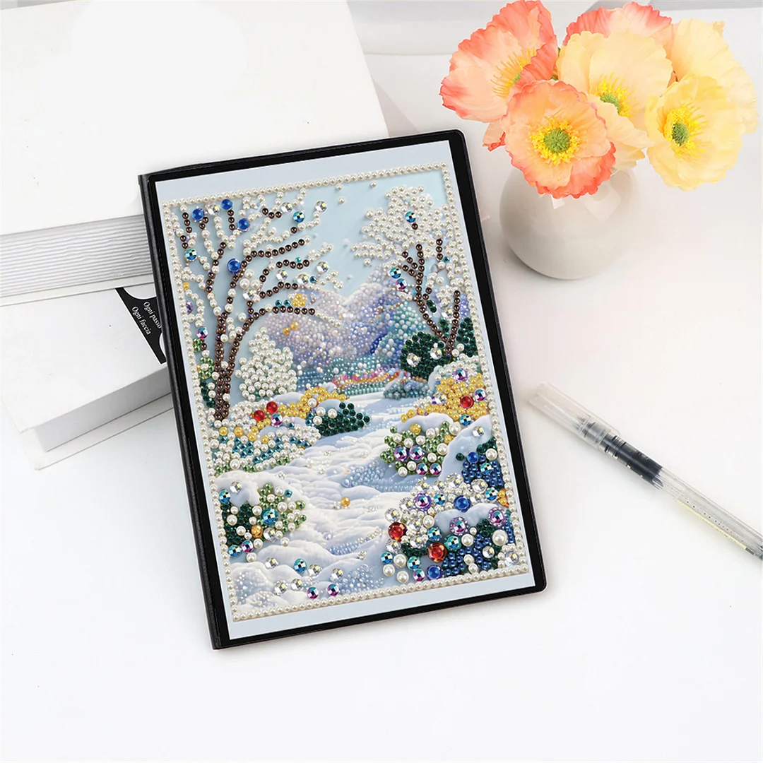 Winter Forest Partial Pearl DIY 50 Pages A5 Diamond Painting Notebook Special Shaped Diamond Art Diary Book Kits Wireless Strip 5D Crystal Art Paintings Sketchbook for Art Drawing