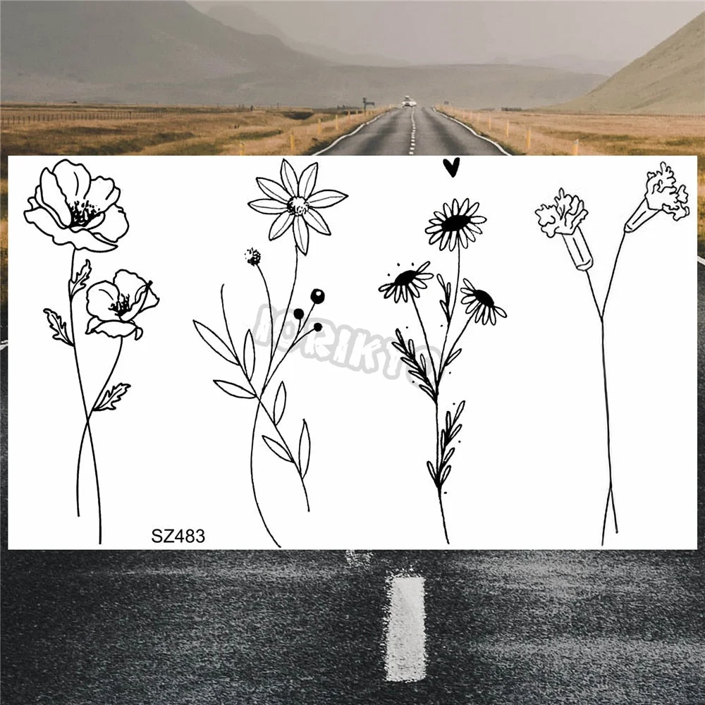 Black Poppy Flower Temporary Tattoos For Women Kids Realistic Lavender Plum Waterproof Fake Tattoo Sticker Tattoo Arm Body