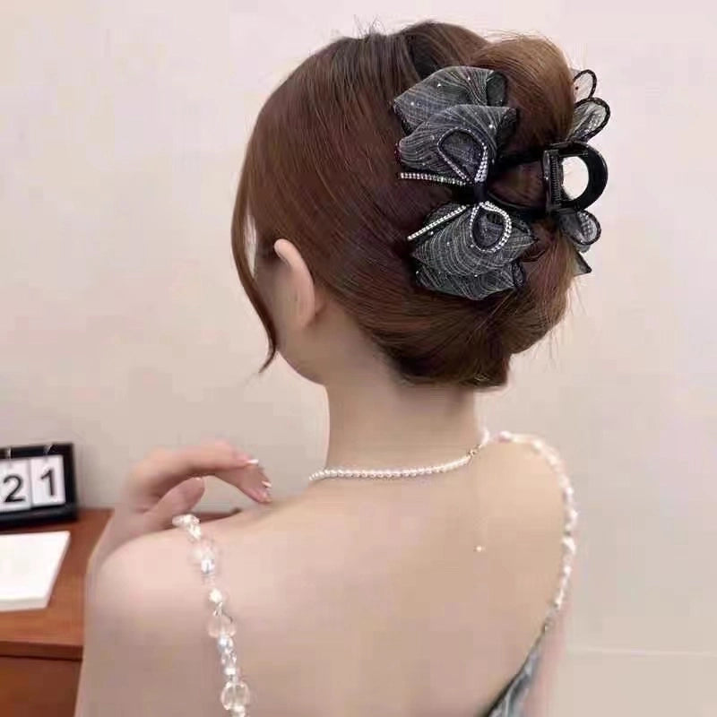 Shiny Bow Polka Dot Grip Mesh Bubble Barrettes Female 2024 New Shark Clip Back Head Updo Hair Accessories