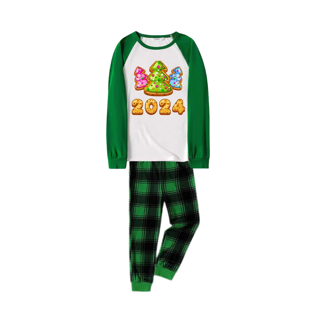 Cute Christmas Tree and 2024 Print Long Sleeve Top With Green & Black Plaid Christmas Matching Pajamas