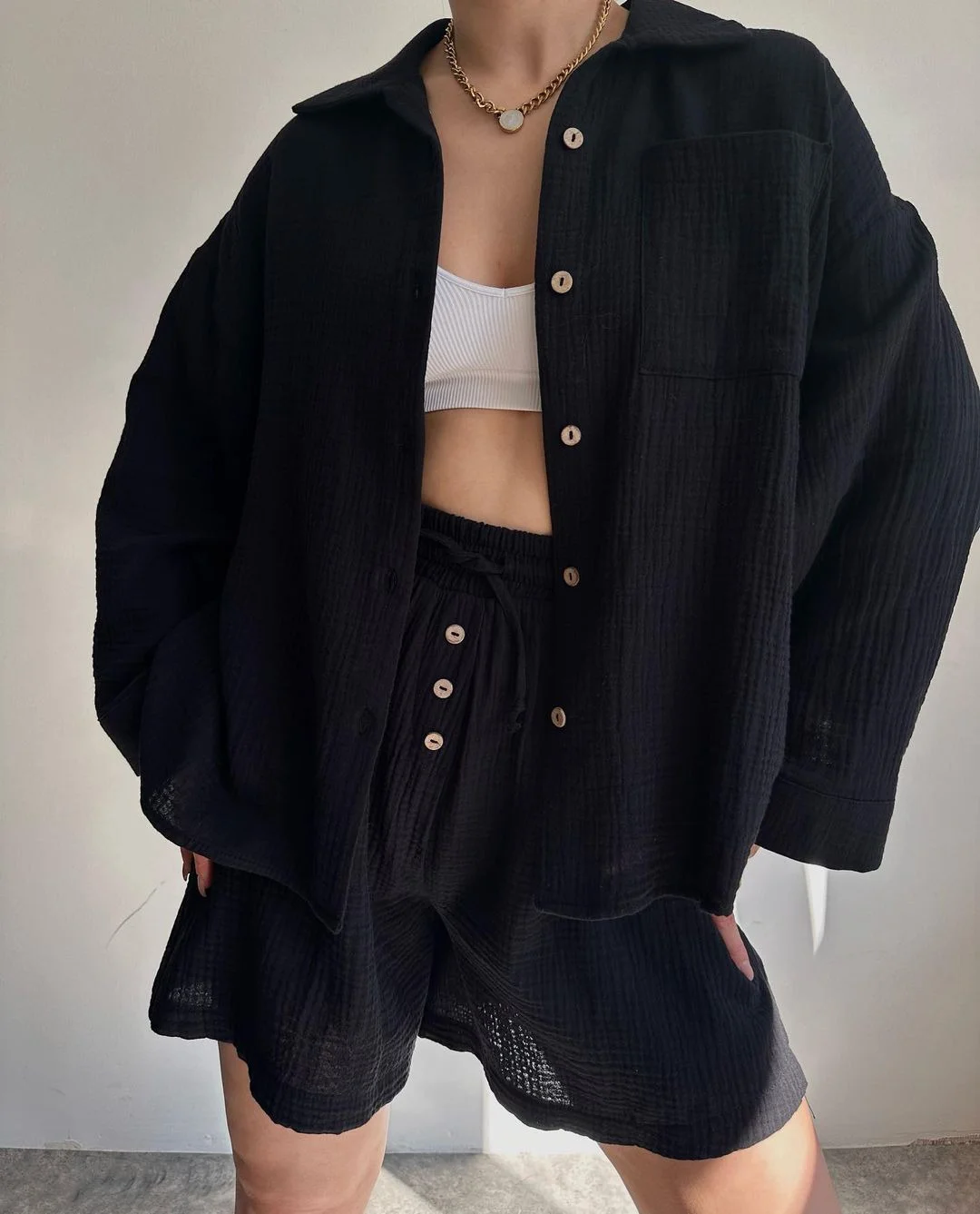 Nigikala Nigikala Women's Wrinkle Collar Long-Sleeved Shirt High-Waisted Rope Shorts Fashion Casual Two-Piece Set