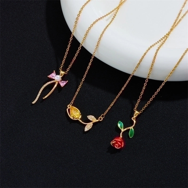 Copper Gold Plated Minimalist Classic Style Flower Plating Pendant Necklace