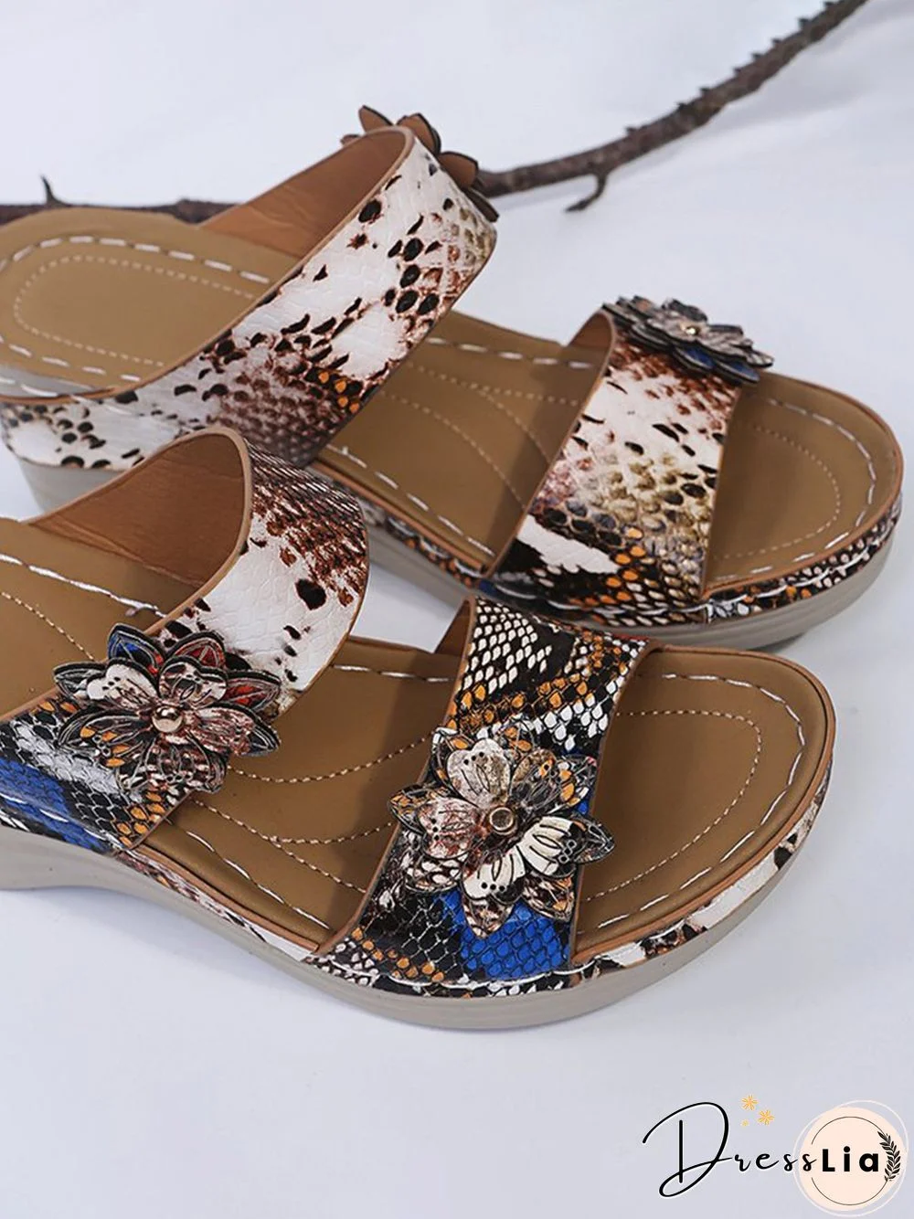3D Floral Snake Print Wedge Sandals Slippers