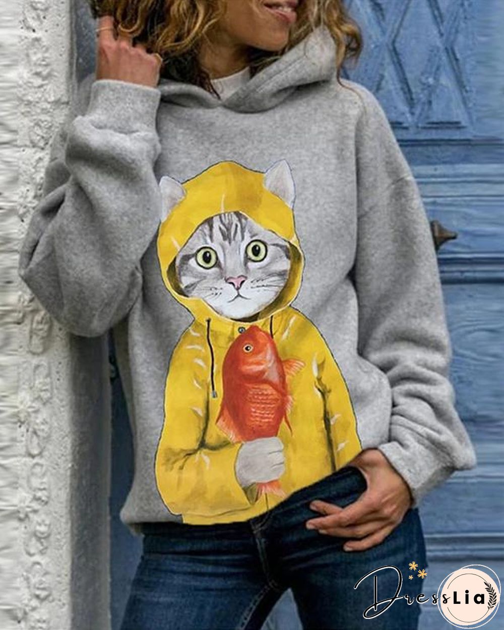 Cartoon Cat Print Long Sleeve Casual Hoodie For Women