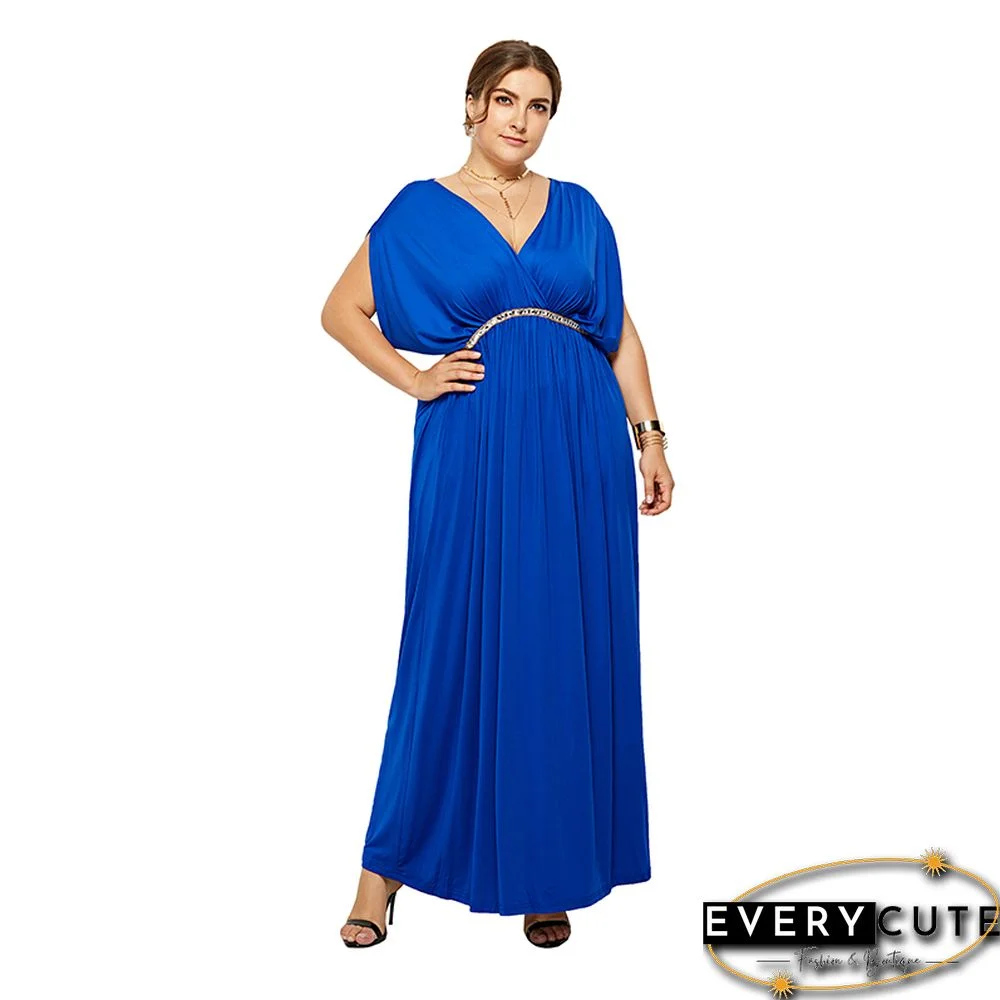 Blue V Neck Bat Sleeve Plus Size Evening Dress