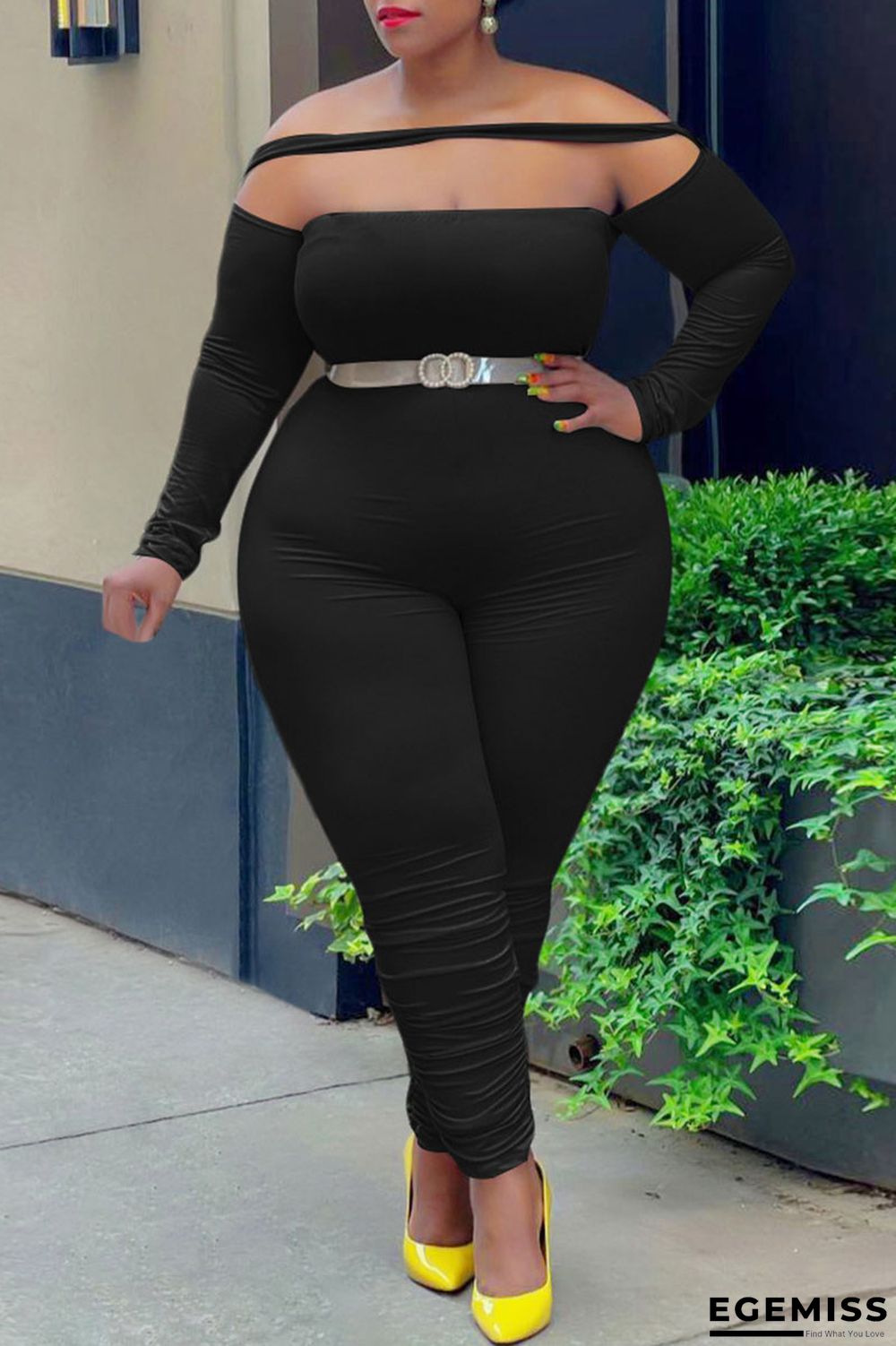 Black Fashion Casual Solid Patchwork Off the Shoulder Plus Size Jumpsuits | EGEMISS