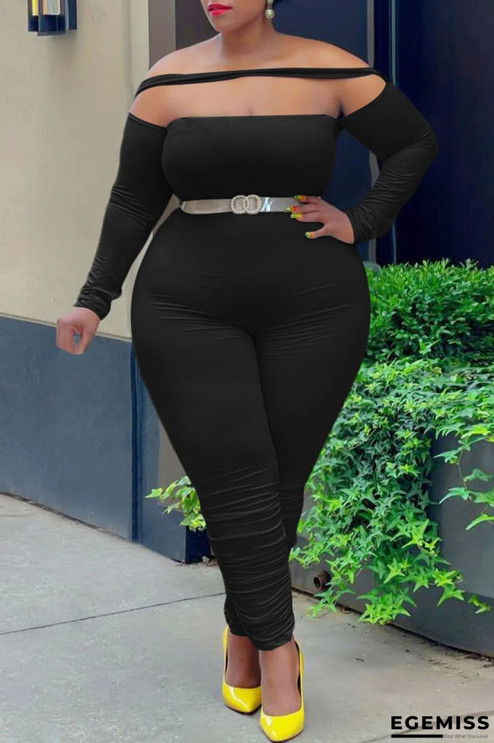 Black Fashion Casual Solid Patchwork Off the Shoulder Plus Size Jumpsuits | EGEMISS