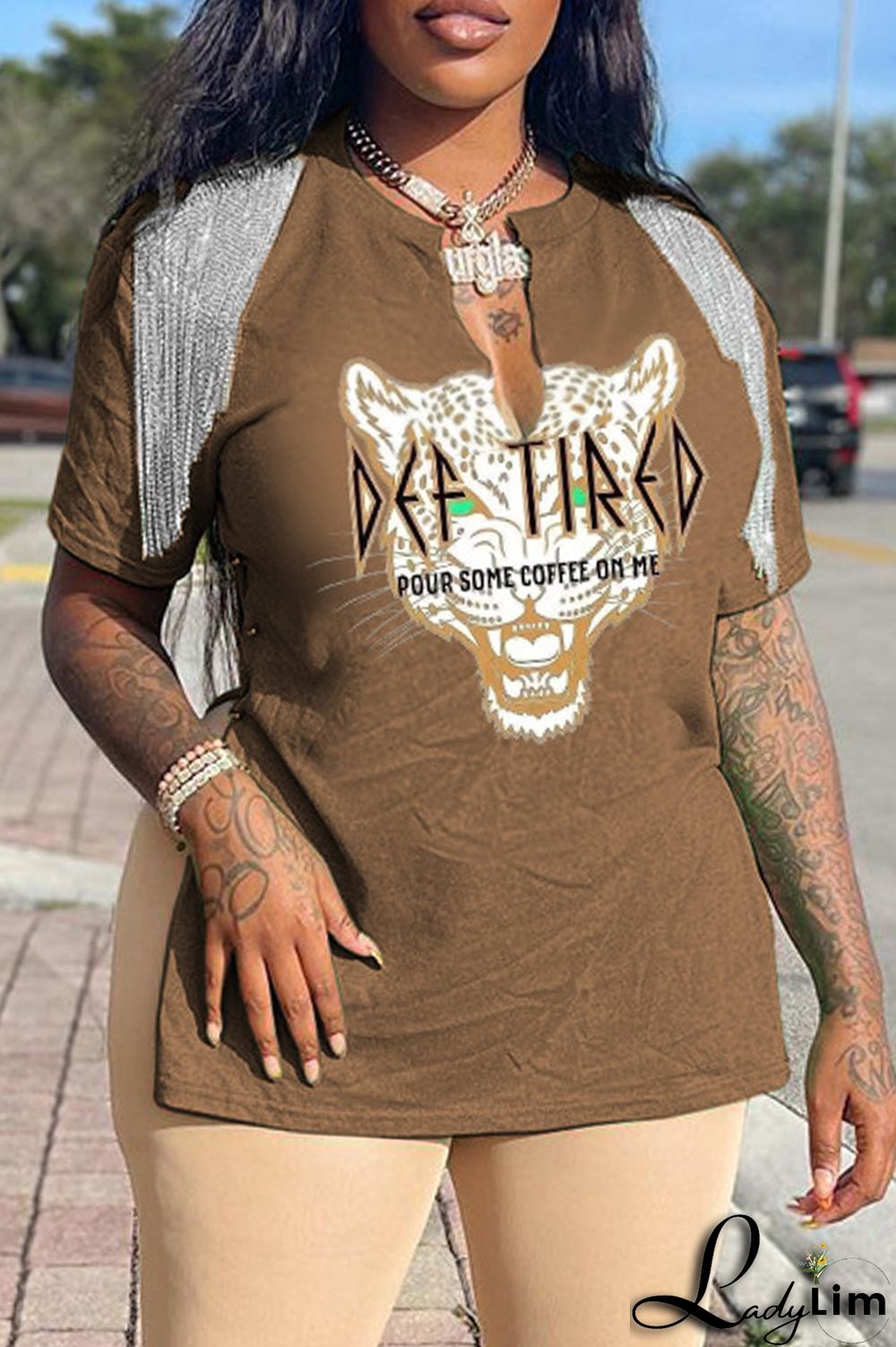 Coffee Fashion Casual Print Tassel Patchwork V Neck T-Shirts