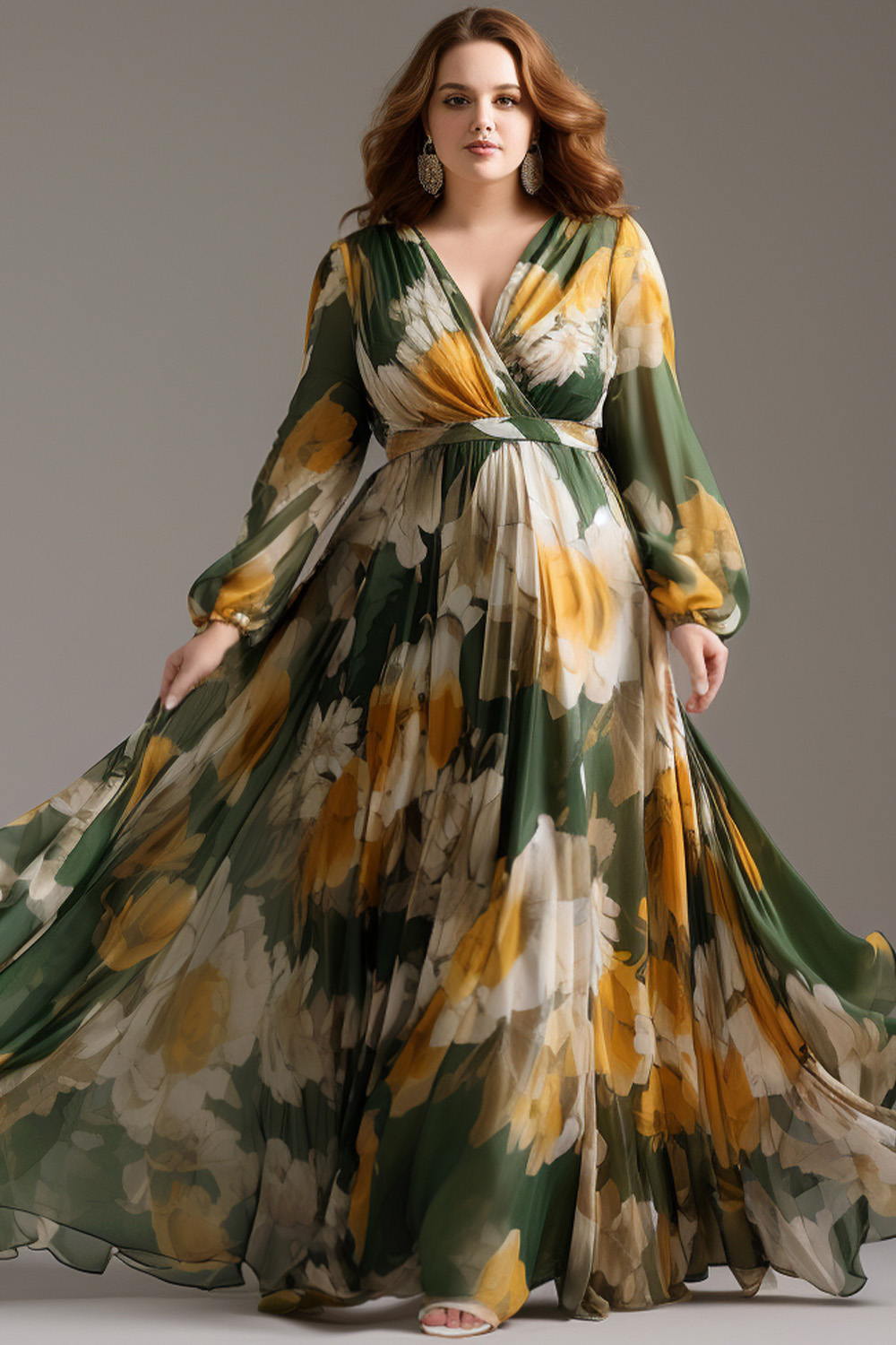 Flycurvy Plus Size Wedding Guest Green Chiffon Floral Print Lantern Sleeve Maxi Dress