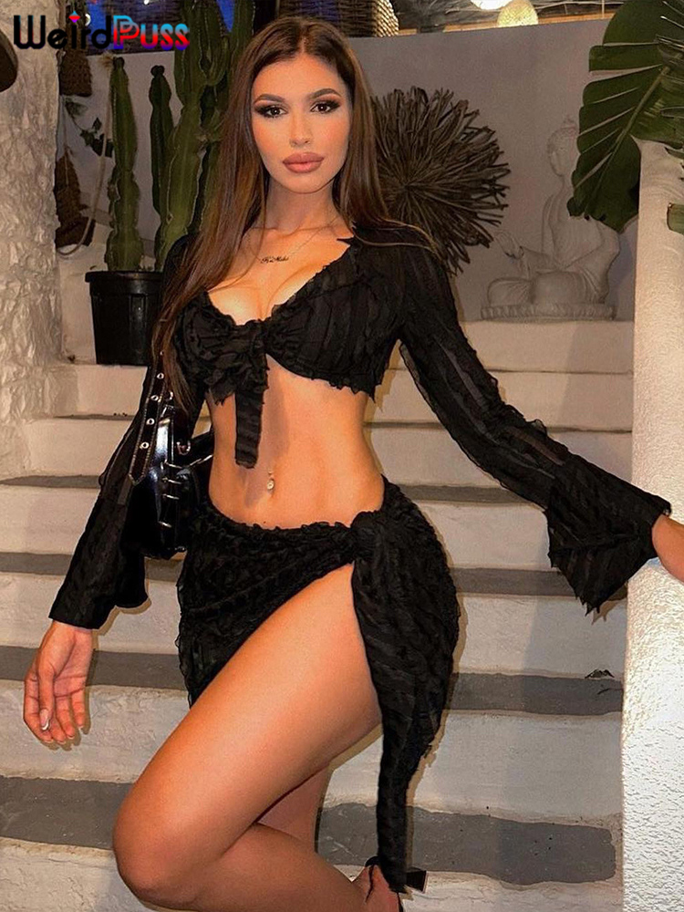 Weird Puss Elegant Women 2 Piece Set See Through Irregular Ruffles Long Sleeve Wrapped Crop Tops+Skirts Clubwear Matching Suits