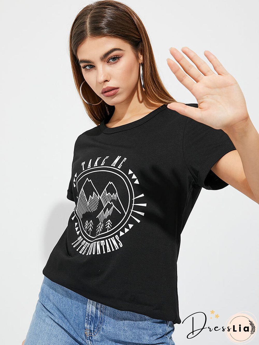 Stick Figure Landscape Print Crew Neck Short Sleeve T-shirt