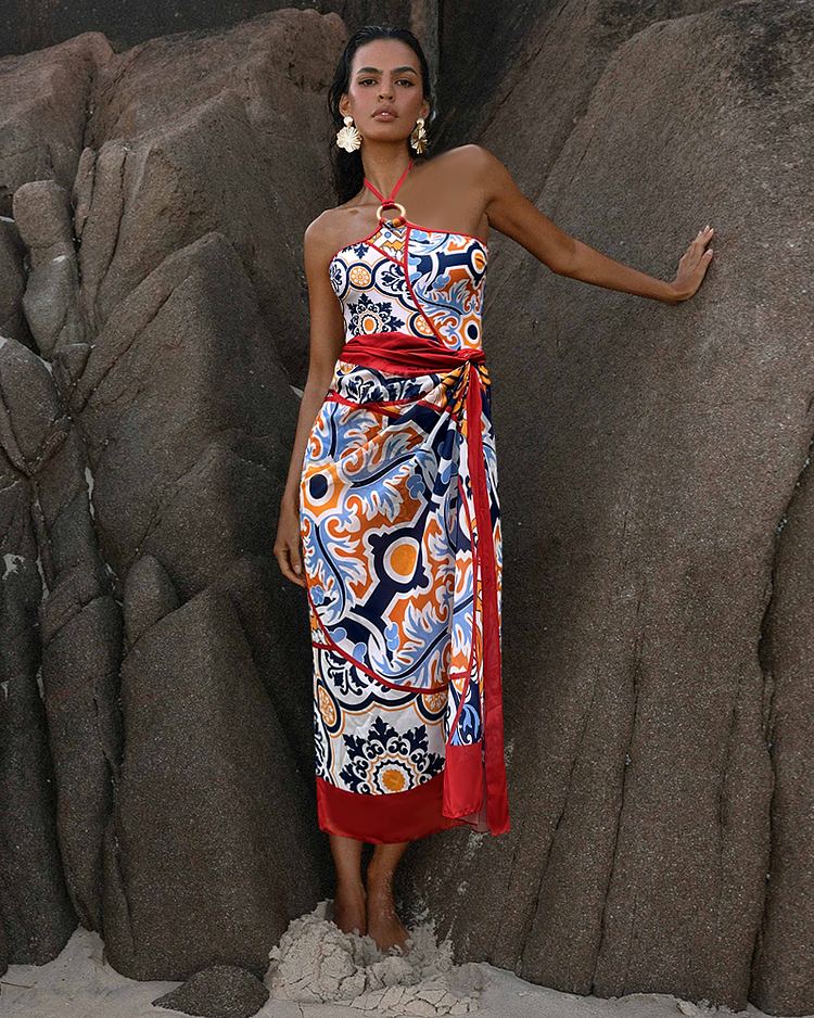  Printed Halter One Piece Swimsuit and Sarong Flaxmaker