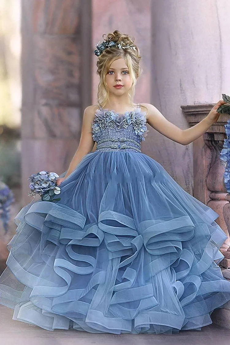 Hellodresses Dusty Blue Sleeveless Spaghetti Straps  Flower Girl Dresses Tulle with Lace Crystal Appliques Sequins