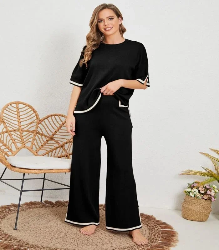 Knitted split short-sleeved trousers two-piece set