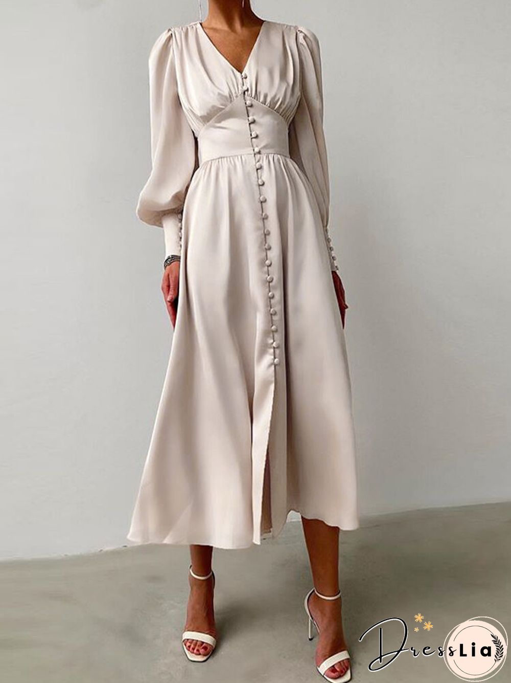 Solid Color Patchwork Puff Sleeves V-neck Satin Casual Dress