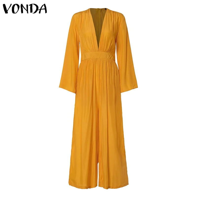 VONDA 2022 Women Long Jumpsuit Romper 3/4 Sleeve V Neck Casual Playsuit Overalls Ladies Wide Leg Loose Summer Playsuit Oversized