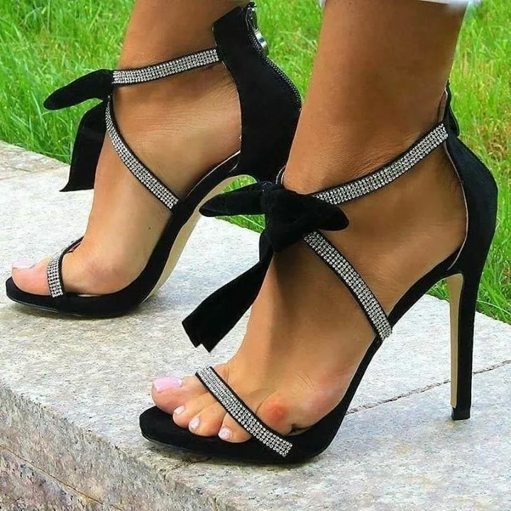 Black Vegan Suede Rhinestones Bow Stiletto Heels Sandals |FSJ Shoes