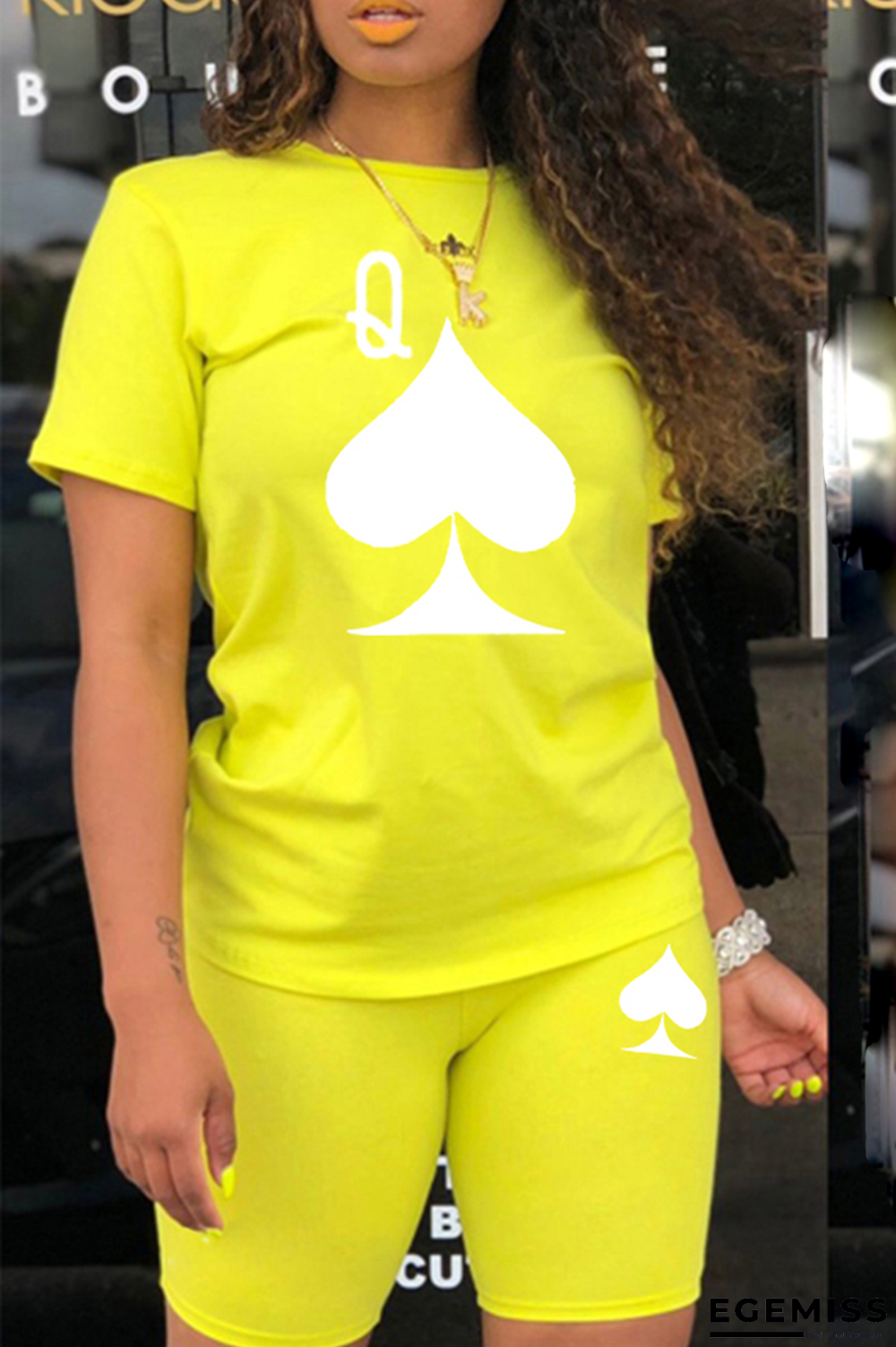 Yellow Casual Print Patchwork O Neck Short Sleeve Two Pieces | EGEMISS