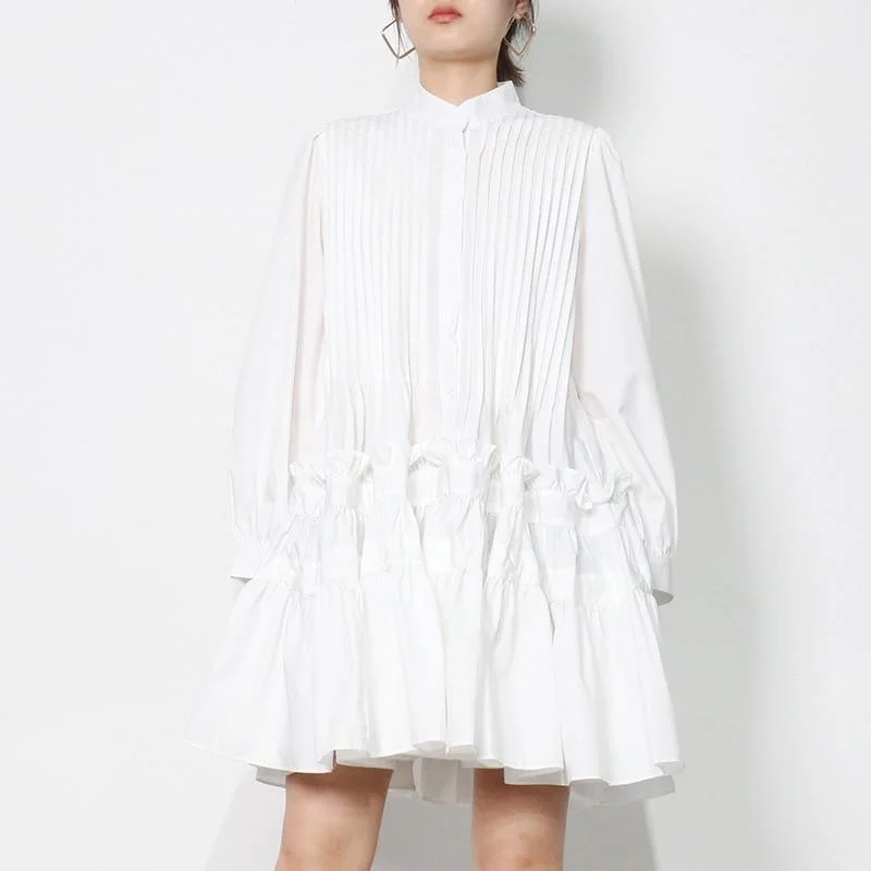 ABEBEY Pleated White Shirt Dress For Women Stand Collar Long Sleeve Casual Loose Dresses Female Fashion New Clothing 2023