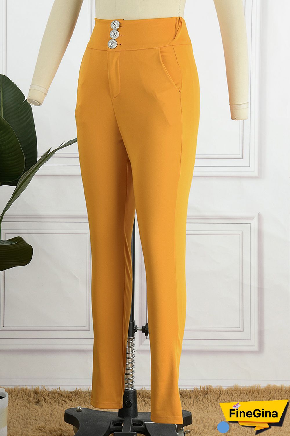 Black Casual Solid Buttons Regular High Waist Conventional Solid Color Trousers