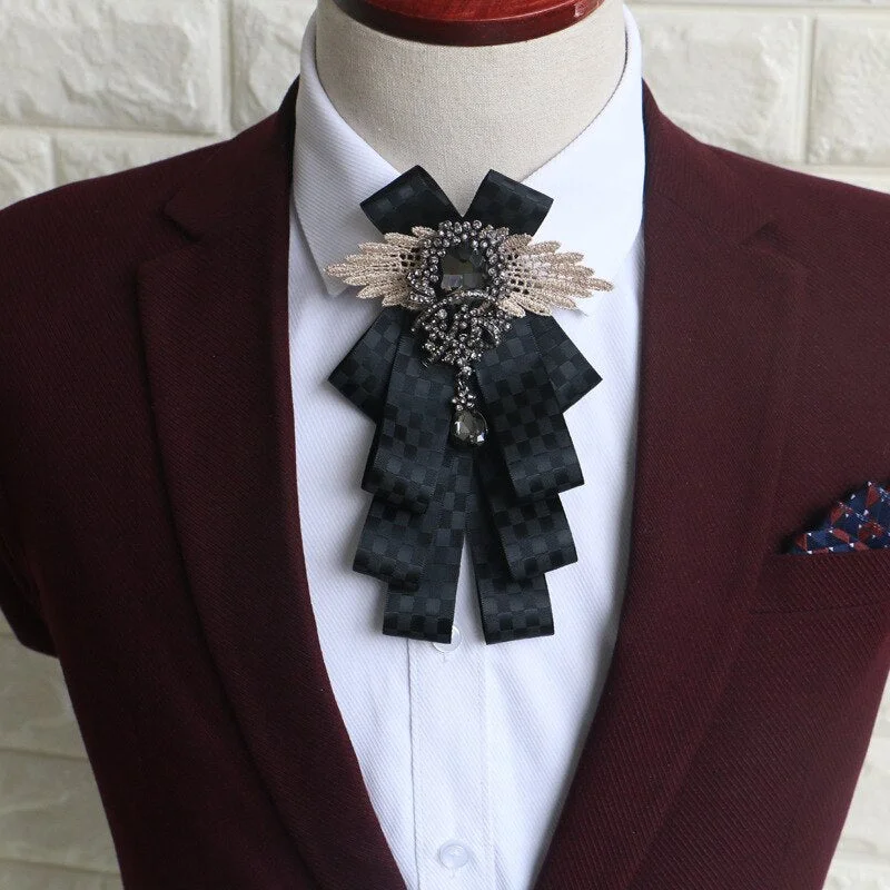 New Bow Tie Vintage Rhinestone Handmade Ribbon Brooch Bowtie Elegant Jewelry Collar Pin Cravat Wedding Accessories Pocket Square